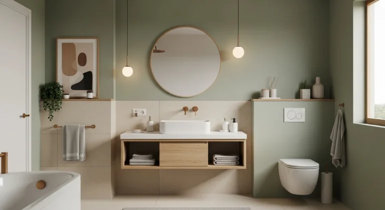 modern bathroom with sage green beige and warm white tones showing fresh and timeless bathroom color ideas for 2026