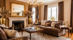 brown and gold living room with warm elegant style