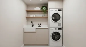 stacked washer and dryer in small laundry room saving space