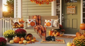 seasonal decor on small front porch adding personality