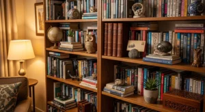 bookshelf styled with decor items and books