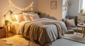 cozy teen bedroom with soft lighting layered bedding and aesthetic decor ideas for comfortable teen room design