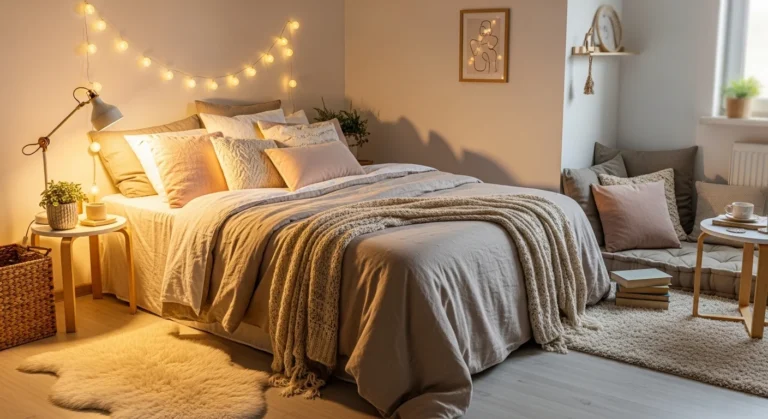 cozy teen bedroom with soft lighting layered bedding and aesthetic decor ideas for comfortable teen room design