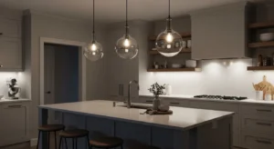 glass pendant lights above kitchen island with warm lighting aesthetic