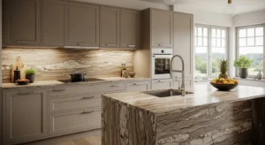 taupe cabinets with stone countertops adding texture
