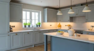 dusty blue kitchen paint color creating calm atmosphere