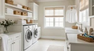 light color small laundry room making space feel bigger