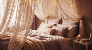 cozy teen bedroom with canopy bed and soft drapes