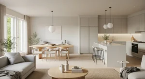 soft muted colors in open kitchen living room design