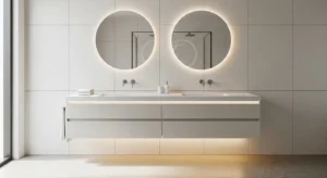 floating vanity in modern bathroom creating open space look