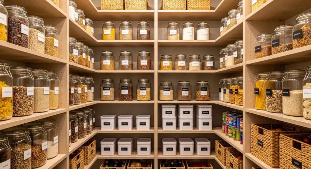 Walk-in pantry with organized shelves and clear storage containers