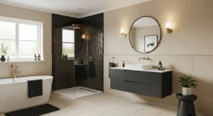 charcoal bathroom accents creating modern contrast