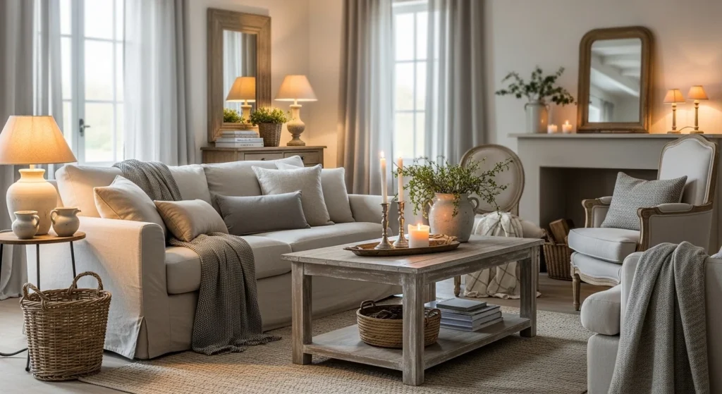 french country living room with linen sofa distressed wood and warm neutral decor creating cozy lived in style