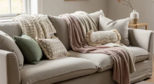 linen sofa in french country living room with cozy styling