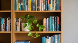 bookshelf with indoor plant adding freshness