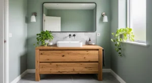 green and wood bathroom with natural spa aesthetic