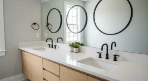 black accents in double vanity bathroom adding contrast