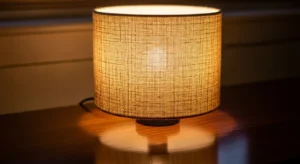 textured lamp shade diffusing soft light in living room