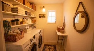 warm lighting in laundry room creating cozy atmosphere