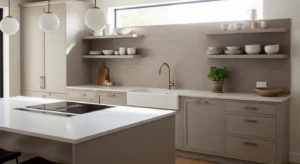 calm taupe kitchen design with soft modern feel