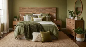 olive green bedroom with natural earthy color palette