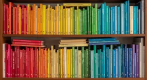 color coordinated bookshelf creating cohesive design