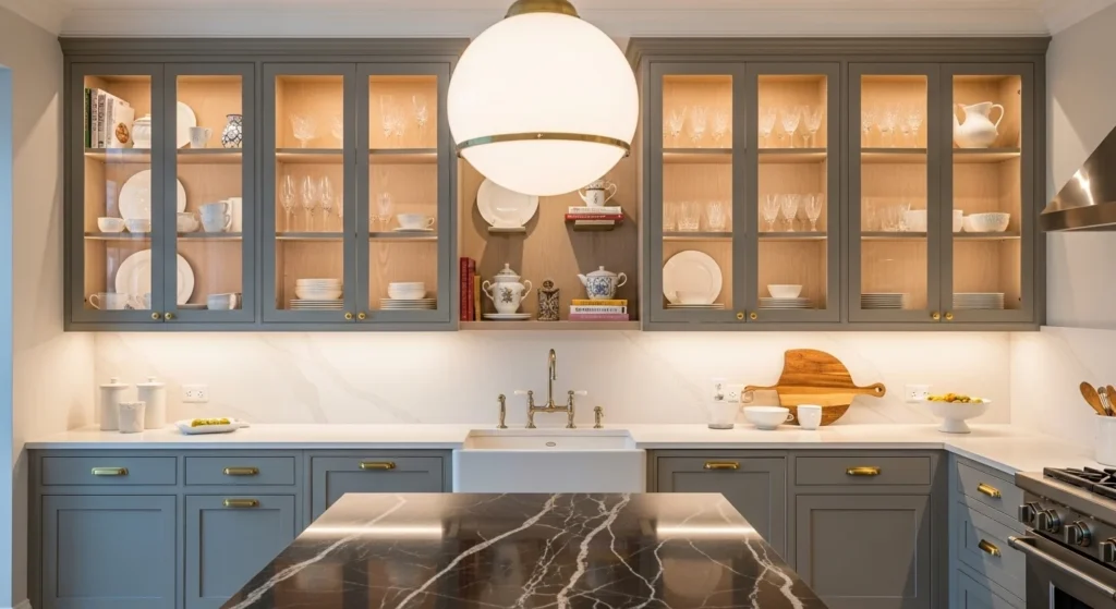Glass-front kitchen cabinets with elegant display styling