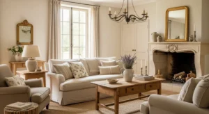 neutral french country living room with soft warm tones