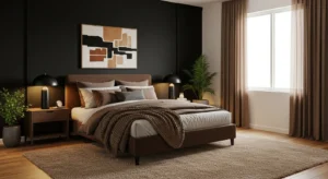 brown and black bedroom creating warm cozy vibe