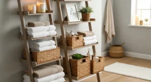 ladder shelf in bathroom for vertical storage and decor