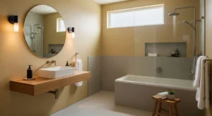 mustard accent bathroom adding subtle warmth