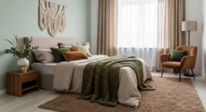 mixed earthy bedroom color scheme with natural tones