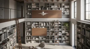 Interior with tall shelves and wall storage.