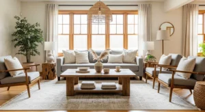 wood furniture in brown living room adding warmth