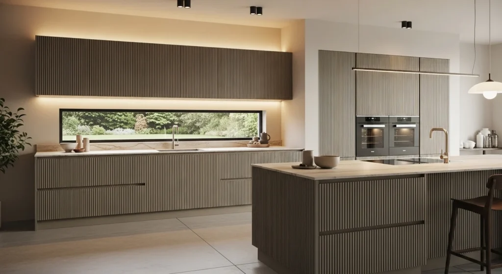 Textured kitchen cabinets with fluted design and matte finish
