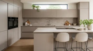 taupe and beige kitchen creating warm neutral feel