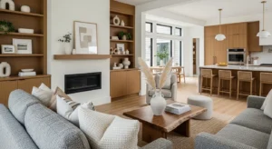 neutral open kitchen and living room with warm accents