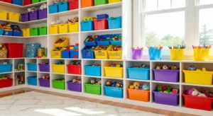 colorful storage bins in kids playroom organizing toys