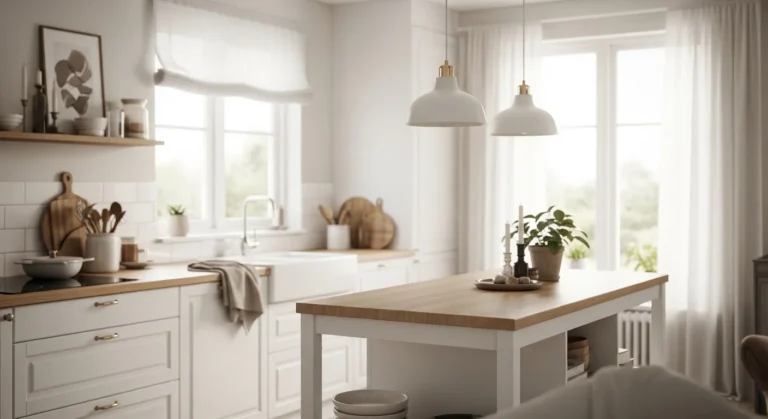 scandinavian kitchen with white cabinets light wood accents and minimal decor showing simple and clean kitchen design ideas