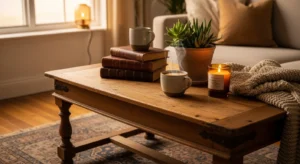 vintage coffee table in french country living room design