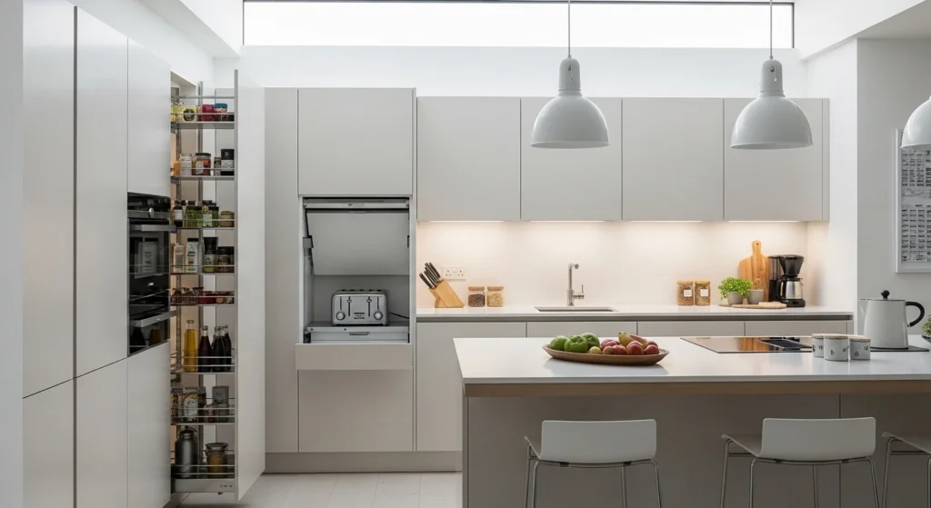 Smart hidden kitchen storage solutions with pull-out cabinets and organized layout
