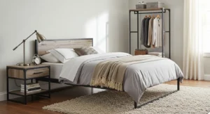 mixed materials in neutral bedroom adding layered look