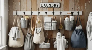 hooks in laundry room for easy storage solutions