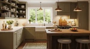 olive green kitchen cabinets with warm modern style
