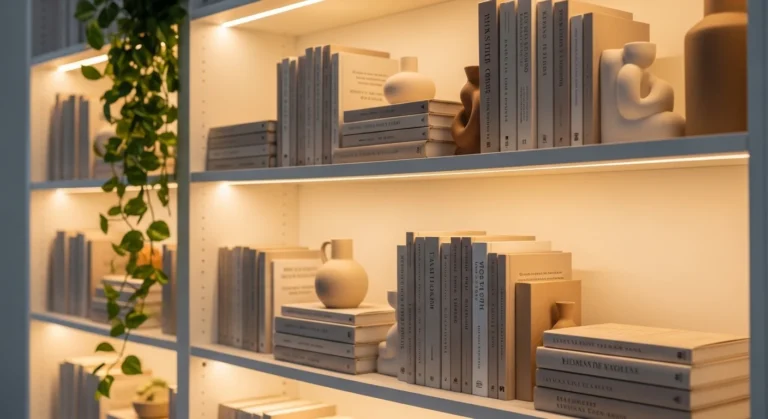 bookshelf styling with lots of books organized neatly with decor and warm cozy aesthetic
