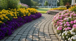flower bed along pathway enhancing front yard design