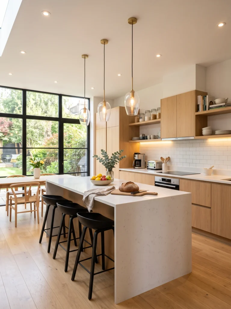 Modern kitchen with layered lighting design and under cabinet lights
