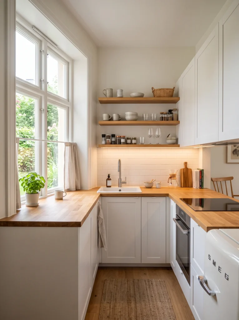 Small kitchen design that feels bigger with smart organization and lighting