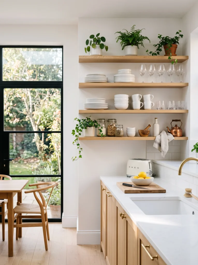 Open shelving in the kitchen with modern wooden shelves and organized dishes
