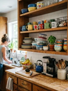 Everyday clutter on open kitchen shelving with mismatched dishes